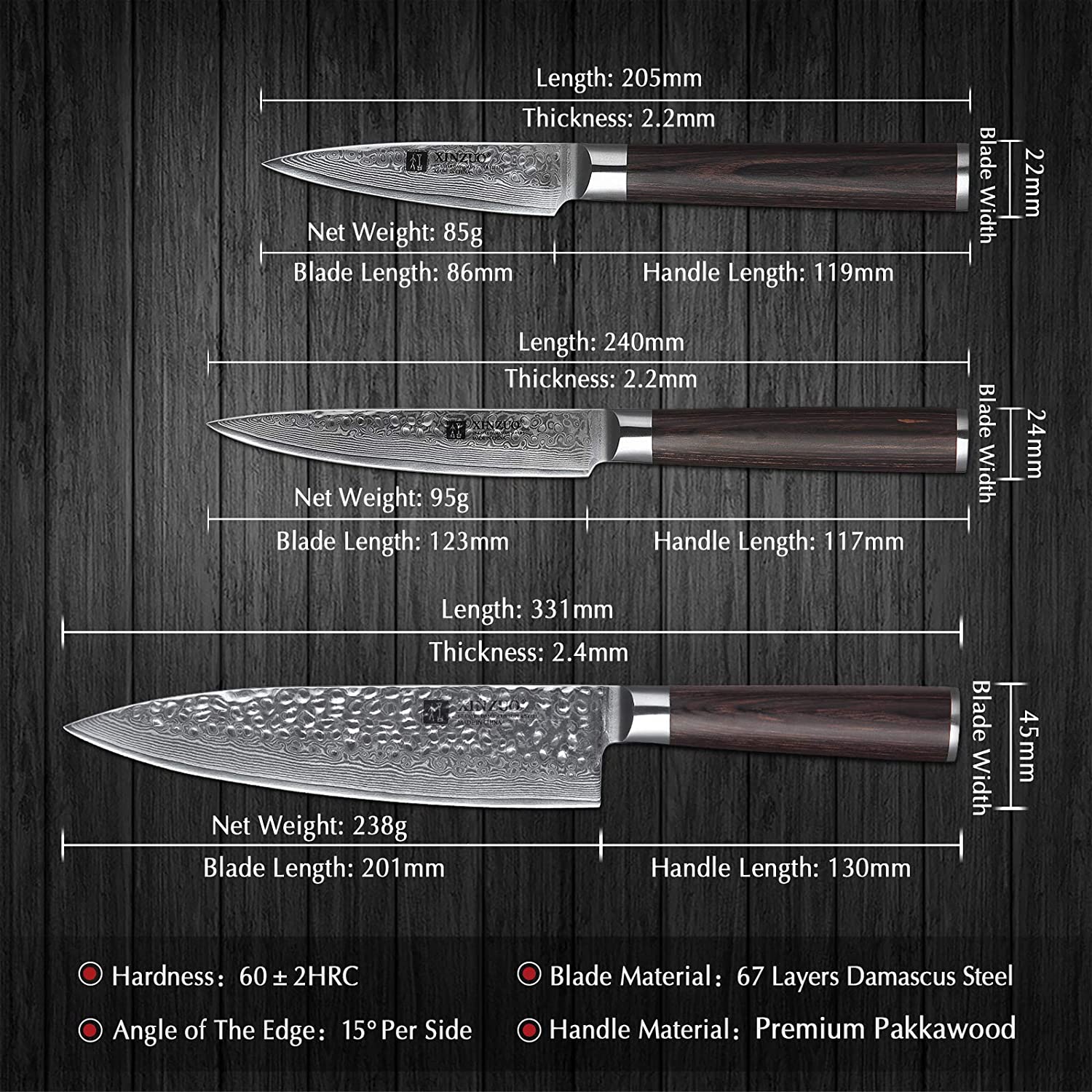 XINZUO | Kitchen Knife Block Set | Damascus Steel Chef Knife Set