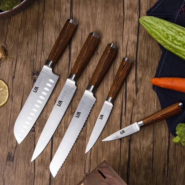 LifeMaster | 6 Pcs New Design German Stainless Steel Kitchen Knife Block Set with Pakka Wood Handle
