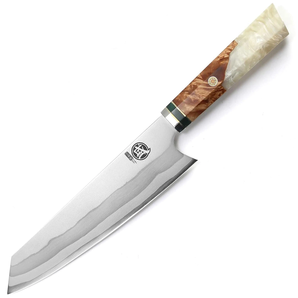 MITSUMOTO SAKARI | 8" Damascus Japanese Kiritsuke Chef Knife, Gall Wood Painted Burl Handle - Image 4