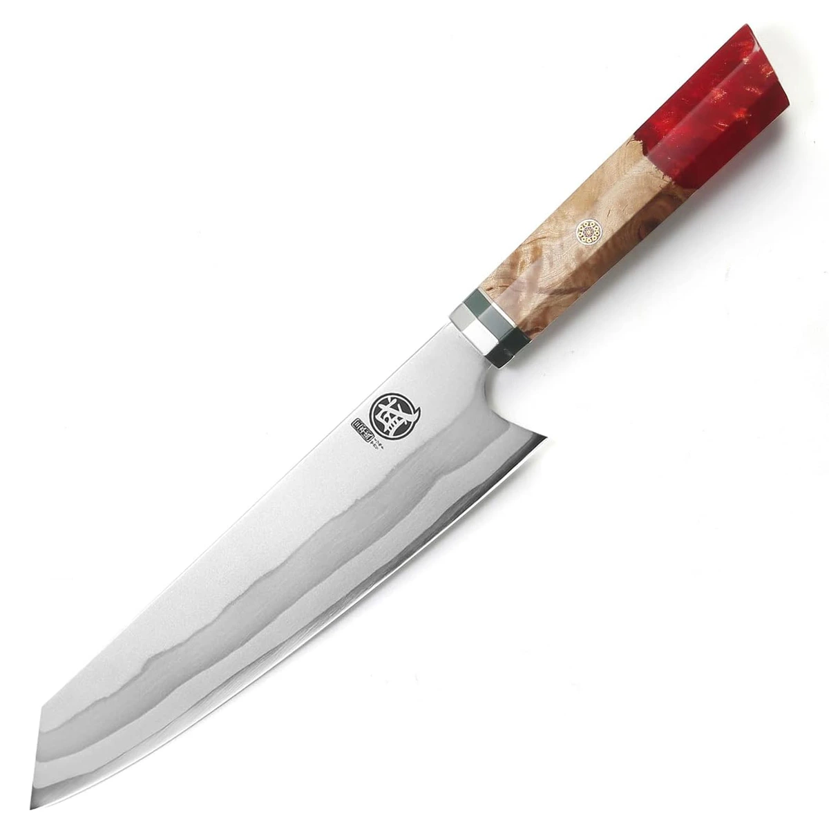 MITSUMOTO SAKARI | 8" Damascus Japanese Kiritsuke Chef Knife, Gall Wood Painted Burl Handle - Image 2