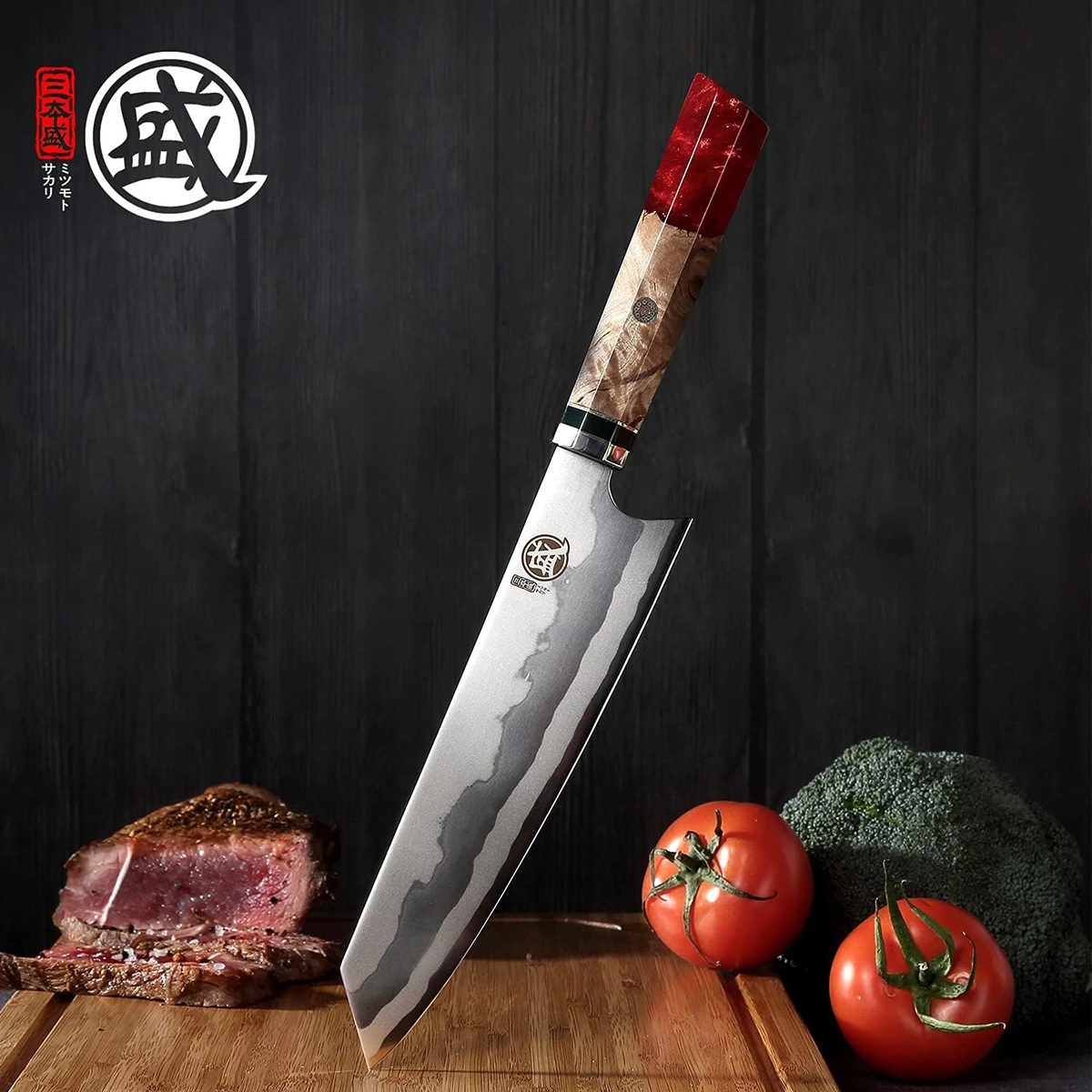 MITSUMOTO SAKARI | 8" Damascus Japanese Kiritsuke Chef Knife, Gall Wood Painted Burl Handle - Image 9