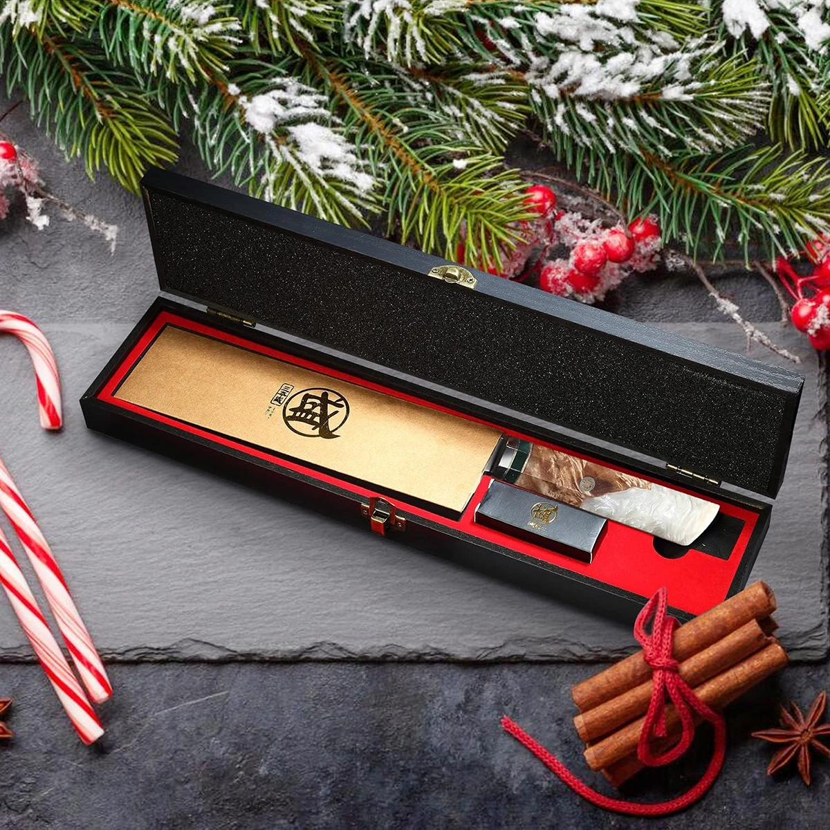 MITSUMOTO SAKARI | 8" Damascus Japanese Kiritsuke Chef Knife, Gall Wood Painted Burl Handle - Image 12