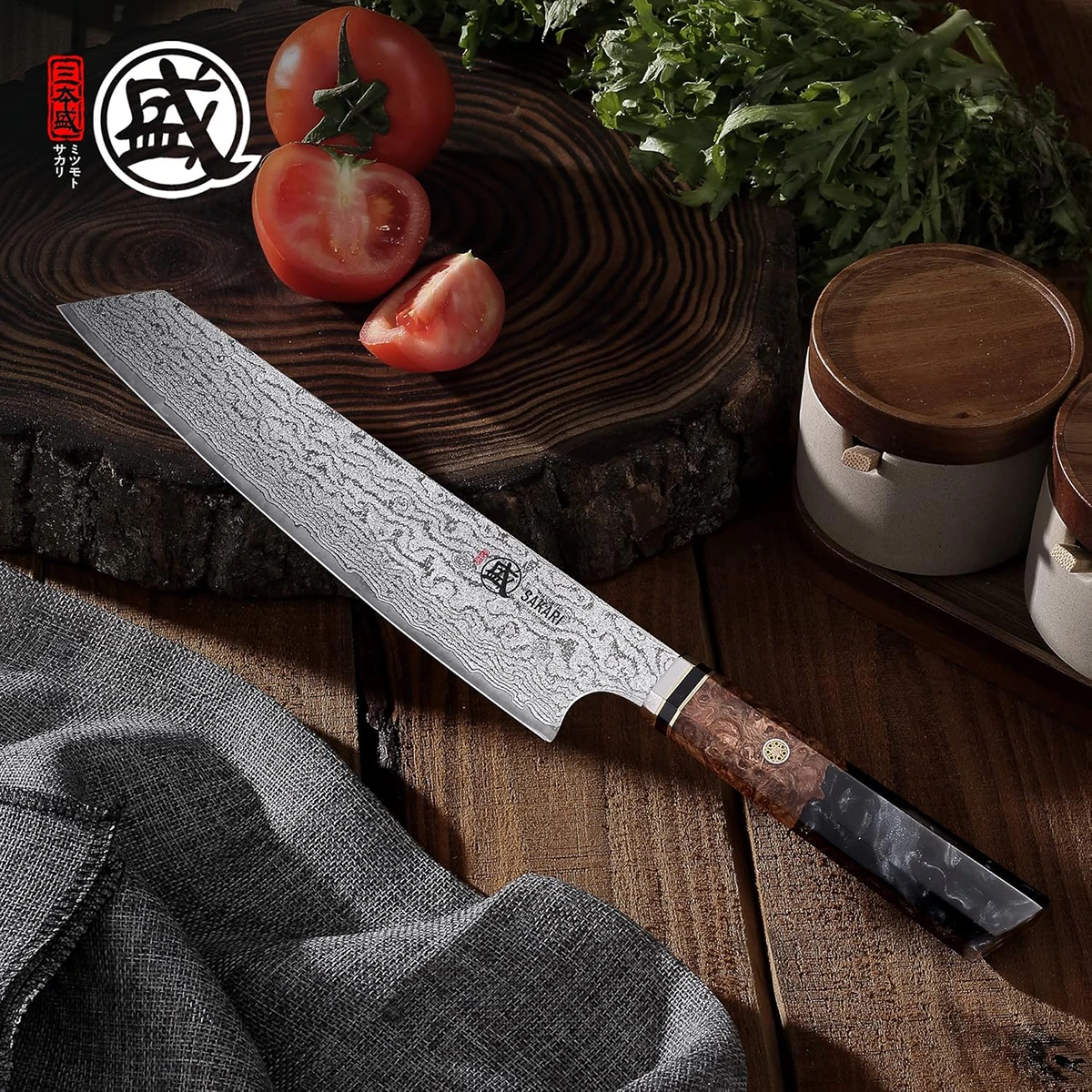 MITSUMOTO SAKARI | 8" Japanese Damascus Kiritsuke Chef Knife, Shadowwood Pomegranate Handle