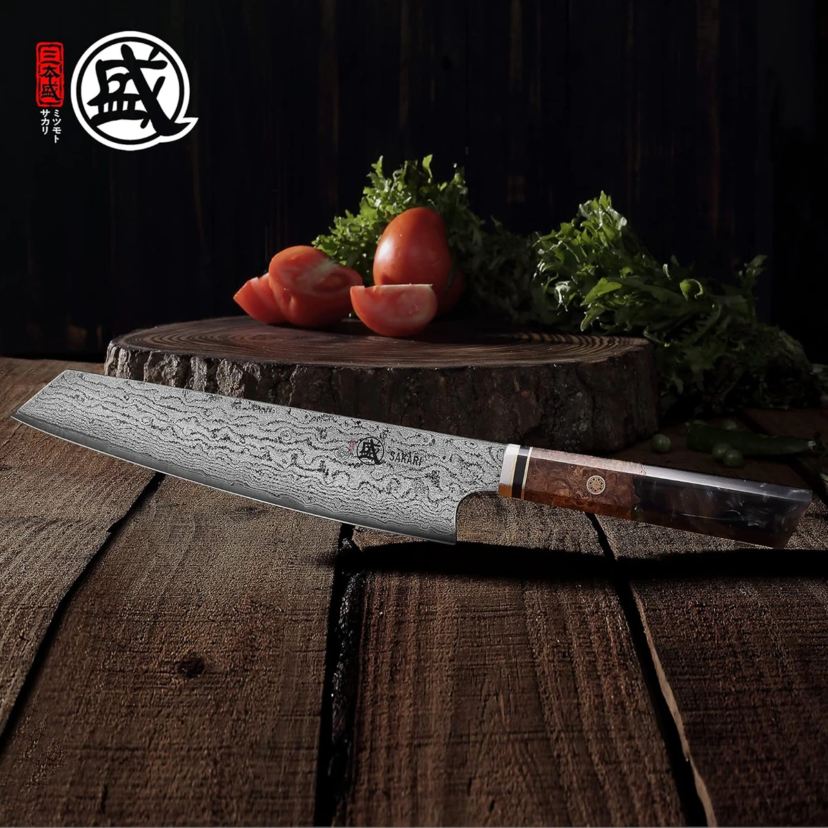 MITSUMOTO SAKARI | 8" Japanese Damascus Kiritsuke Chef Knife, Shadowwood Pomegranate Handle - Image 5