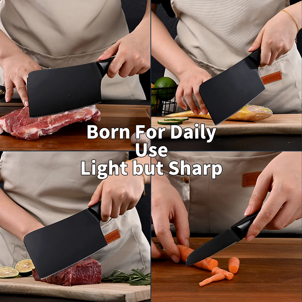 SHI BA ZI ZUO | Chopping Knife and Fruit Knife, Black Ti Coating Kitchen Knife Set - Image 9
